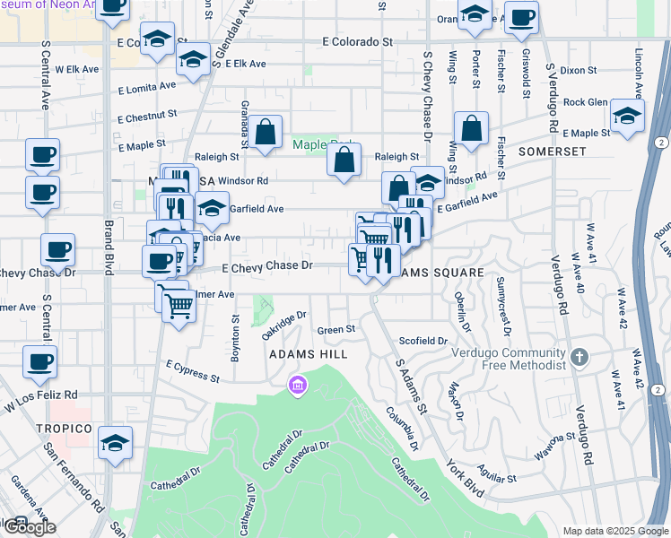 map of restaurants, bars, coffee shops, grocery stores, and more near 907 East Chevy Chase Drive in Glendale
