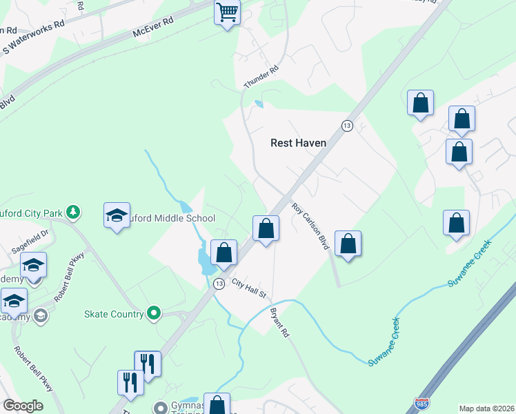 map of restaurants, bars, coffee shops, grocery stores, and more near 406 Thunder Road in Buford