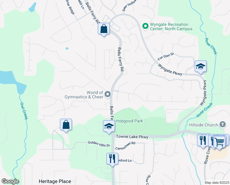 map of restaurants, bars, coffee shops, grocery stores, and more near 619 Victoria Lane in Woodstock