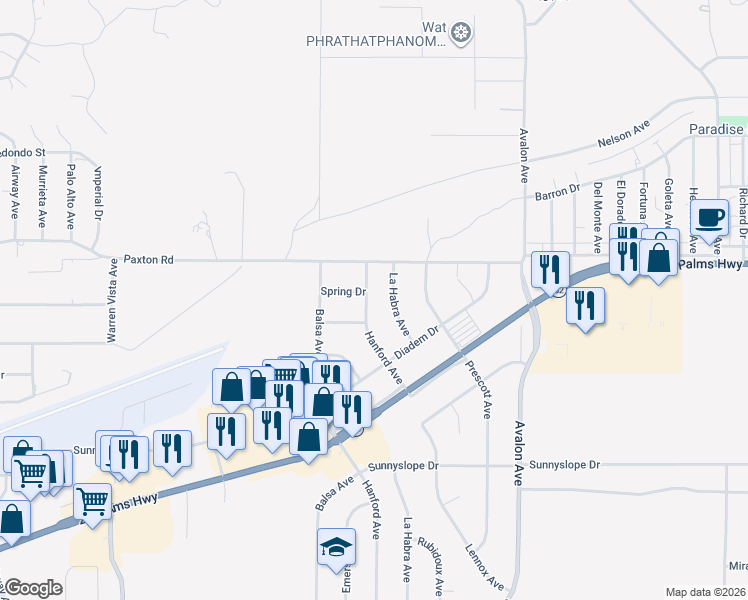 map of restaurants, bars, coffee shops, grocery stores, and more near 6579 Hanford Avenue in Yucca Valley