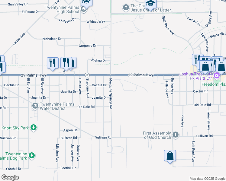 map of restaurants, bars, coffee shops, grocery stores, and more near Mesquite Springs Road in Twentynine Palms