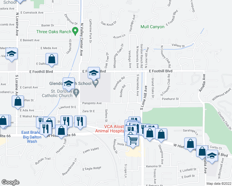 map of restaurants, bars, coffee shops, grocery stores, and more near 244 Roundup Road in Glendora