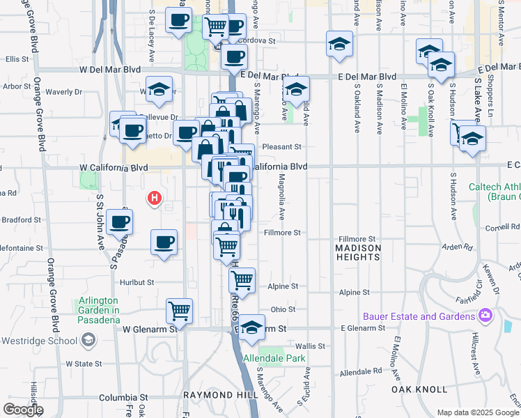map of restaurants, bars, coffee shops, grocery stores, and more near 712 South Marengo Avenue in Pasadena