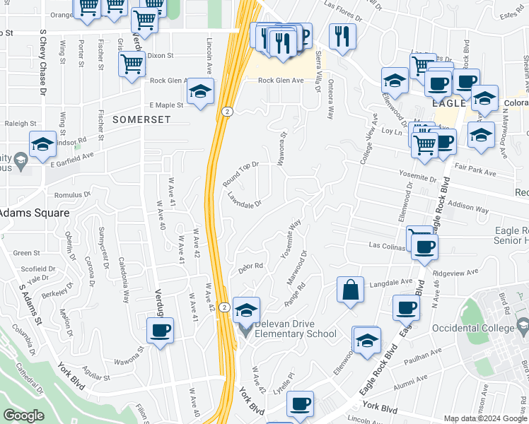 map of restaurants, bars, coffee shops, grocery stores, and more near 4501 Wawona Street in Los Angeles