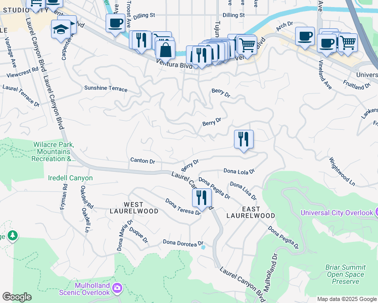 map of restaurants, bars, coffee shops, grocery stores, and more near 11349 Canton Drive in Los Angeles