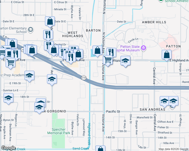 map of restaurants, bars, coffee shops, grocery stores, and more near 6644 Robinson Road in Highland