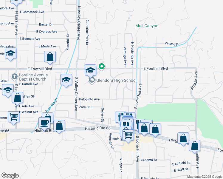 map of restaurants, bars, coffee shops, grocery stores, and more near 244 Roundup Road in Glendora