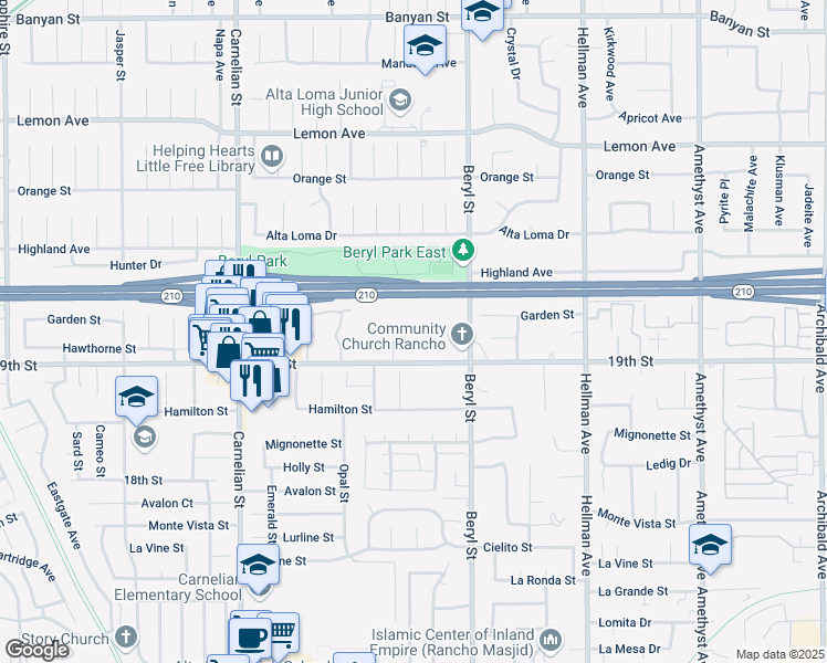 map of restaurants, bars, coffee shops, grocery stores, and more near 9090 19th Street in Rancho Cucamonga