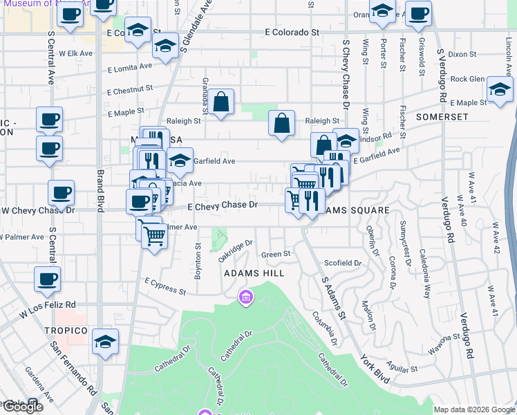 map of restaurants, bars, coffee shops, grocery stores, and more near 807 East Chevy Chase Drive in Glendale