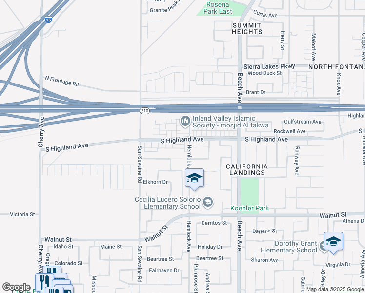 map of restaurants, bars, coffee shops, grocery stores, and more near 14975 South Highland Avenue in Fontana