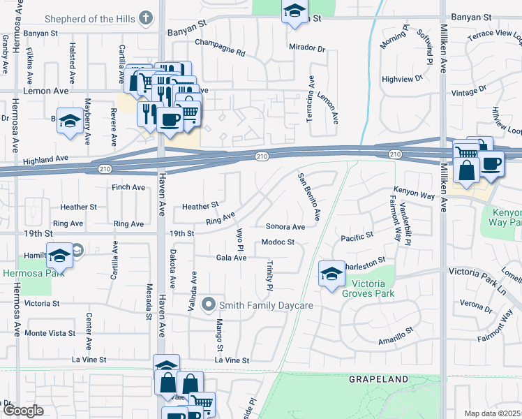 map of restaurants, bars, coffee shops, grocery stores, and more near 6660 Kern Place in Rancho Cucamonga