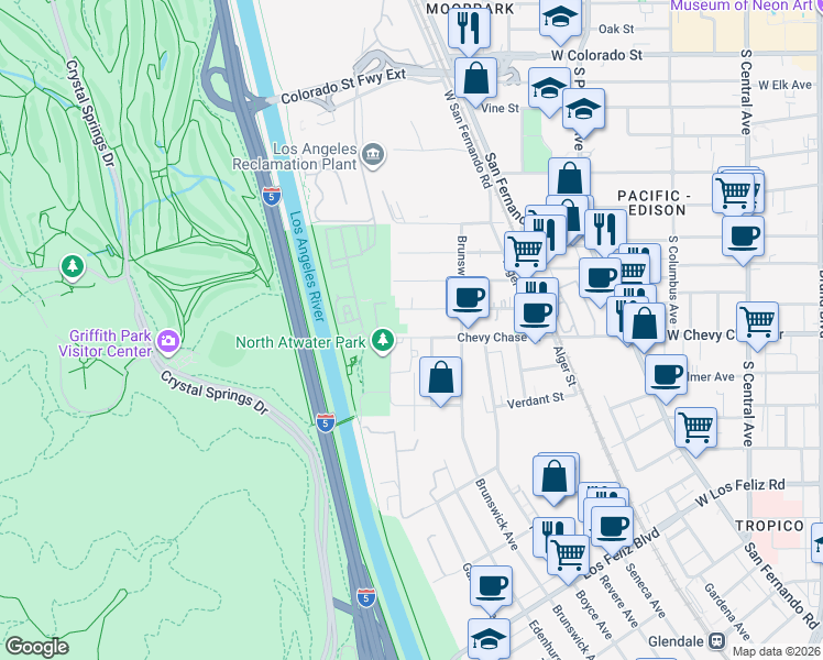 map of restaurants, bars, coffee shops, grocery stores, and more near 4001 Chevy Chase Drive in Los Angeles