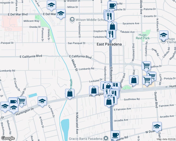 map of restaurants, bars, coffee shops, grocery stores, and more near 3570 Lombardy Road in Pasadena