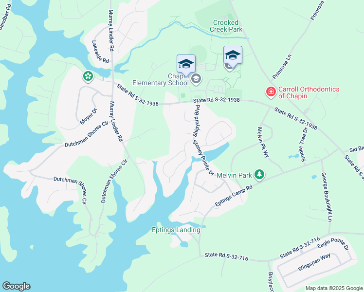 map of restaurants, bars, coffee shops, grocery stores, and more near 116 Stoney Point Drive in Chapin