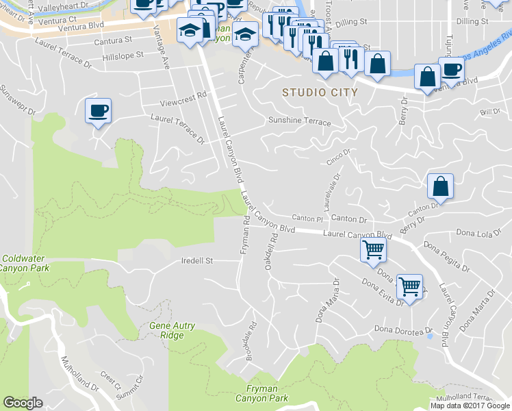 map of restaurants, bars, coffee shops, grocery stores, and more near 3442 Laurel Canyon Boulevard in Los Angeles