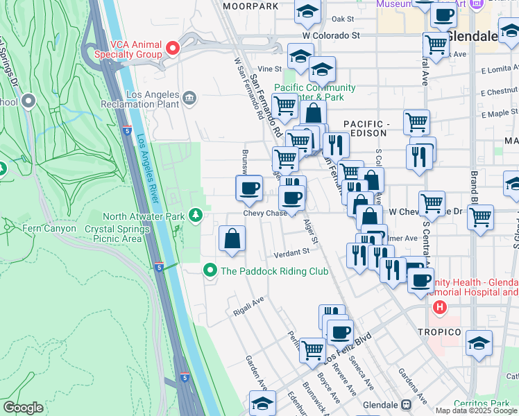 map of restaurants, bars, coffee shops, grocery stores, and more near 4123 Chevy Chase Drive in Los Angeles