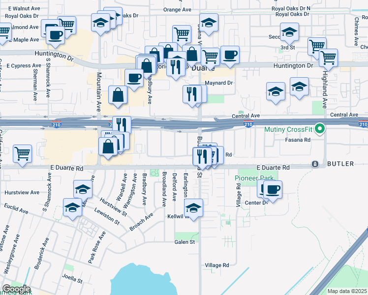 map of restaurants, bars, coffee shops, grocery stores, and more near 1619 Shepherd Drive in Duarte