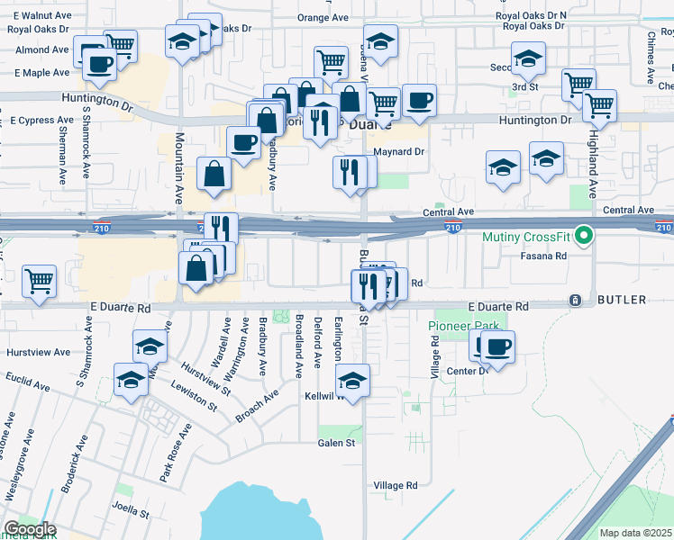 map of restaurants, bars, coffee shops, grocery stores, and more near 1619 Shepherd Drive in Duarte