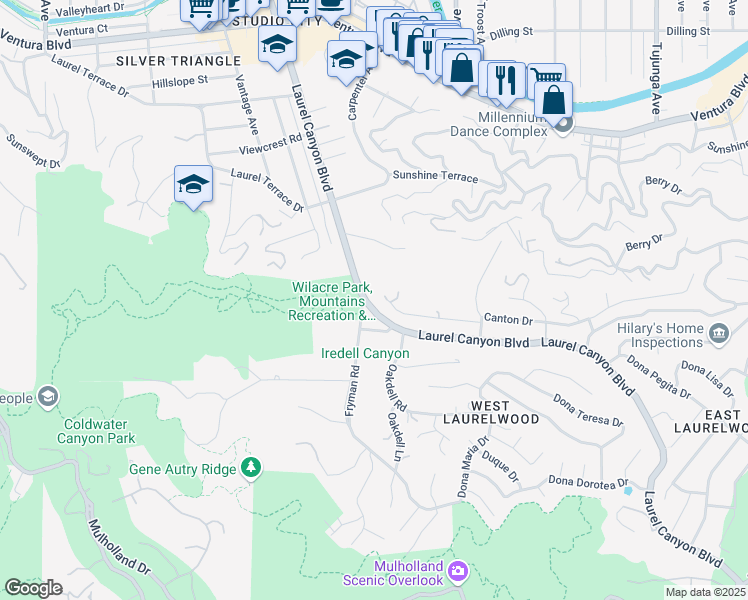 map of restaurants, bars, coffee shops, grocery stores, and more near 3442 Laurel Canyon Boulevard in Los Angeles