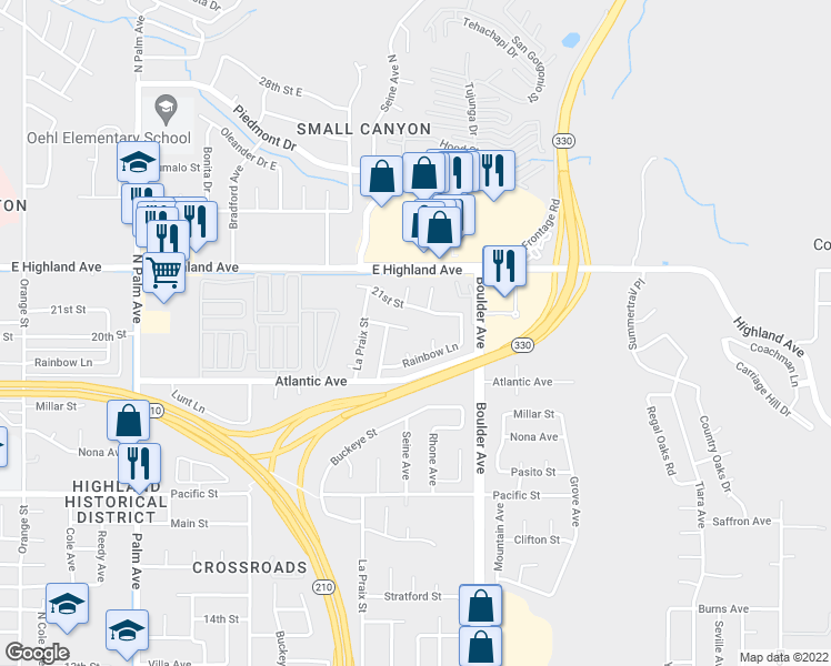 map of restaurants, bars, coffee shops, grocery stores, and more near 27783 20th Street in Highland