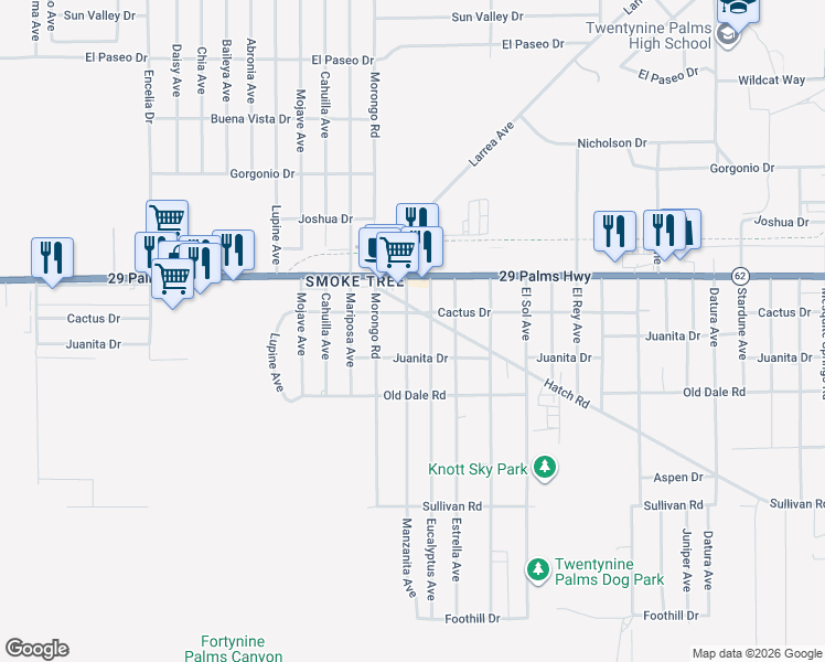 map of restaurants, bars, coffee shops, grocery stores, and more near 6593 Manzanita Avenue in Twentynine Palms