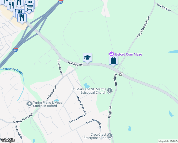 map of restaurants, bars, coffee shops, grocery stores, and more near 4450 Friendship Road in Buford