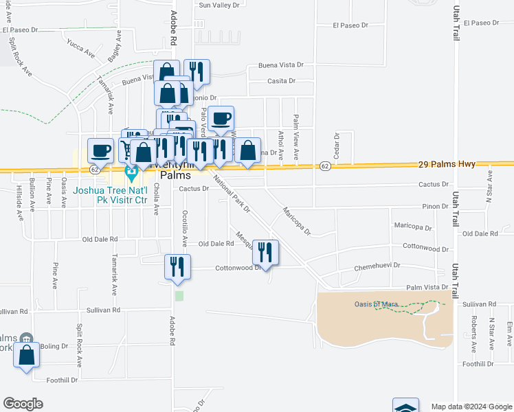 map of restaurants, bars, coffee shops, grocery stores, and more near 6650 Maricopa Drive in Twentynine Palms