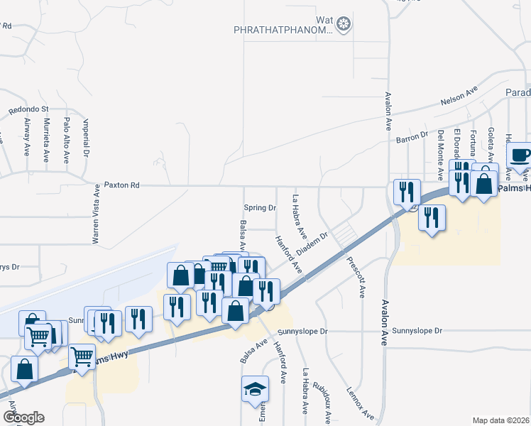 map of restaurants, bars, coffee shops, grocery stores, and more near 58167 Spring Drive in Yucca Valley
