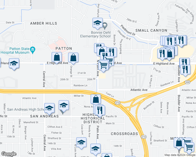 map of restaurants, bars, coffee shops, grocery stores, and more near 2035 North Palm Avenue in Highland