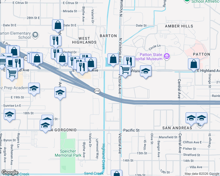 map of restaurants, bars, coffee shops, grocery stores, and more near 6644 Robinson Road in Highland