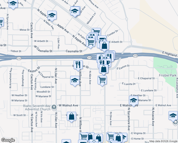map of restaurants, bars, coffee shops, grocery stores, and more near 1888 North Alice Avenue in Rialto