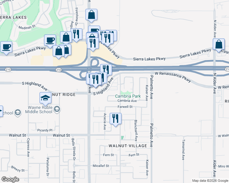 map of restaurants, bars, coffee shops, grocery stores, and more near 6578 Pacifica Avenue in Fontana