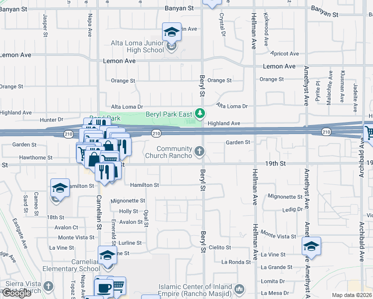 map of restaurants, bars, coffee shops, grocery stores, and more near 9090 19th Street in Rancho Cucamonga