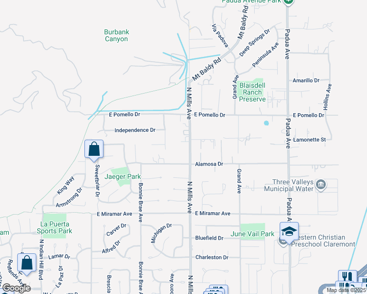map of restaurants, bars, coffee shops, grocery stores, and more near 3563 North Mills Avenue in Claremont