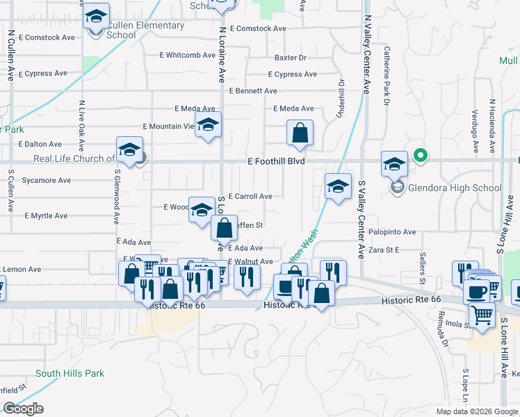 map of restaurants, bars, coffee shops, grocery stores, and more near 1148 East Carroll Avenue in Glendora