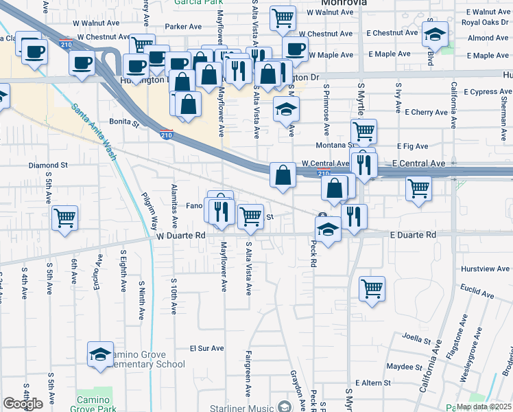 map of restaurants, bars, coffee shops, grocery stores, and more near 1622 Mayflower Avenue in Monrovia