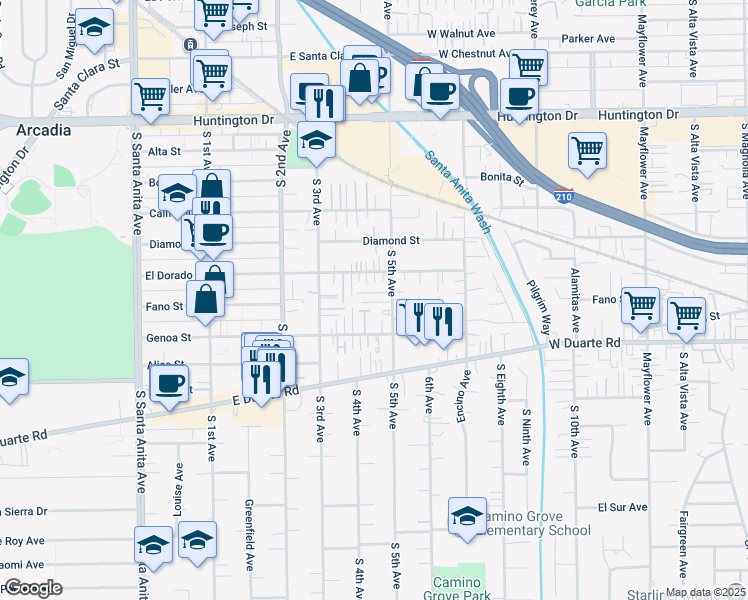 map of restaurants, bars, coffee shops, grocery stores, and more near 517 Fifth Avenue in Arcadia