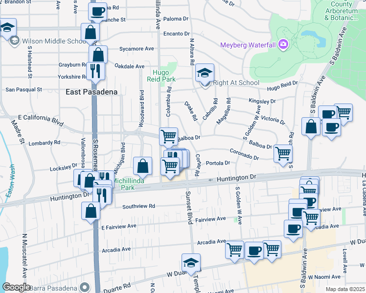 map of restaurants, bars, coffee shops, grocery stores, and more near 607 Cortez Road in Arcadia