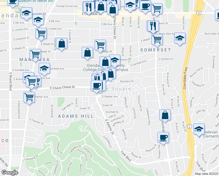 map of restaurants, bars, coffee shops, grocery stores, and more near 1124 East Chevy Chase Drive in Glendale