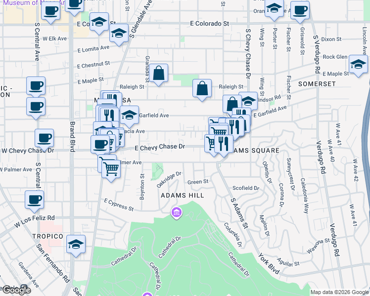 map of restaurants, bars, coffee shops, grocery stores, and more near 807 East Chevy Chase Drive in Glendale