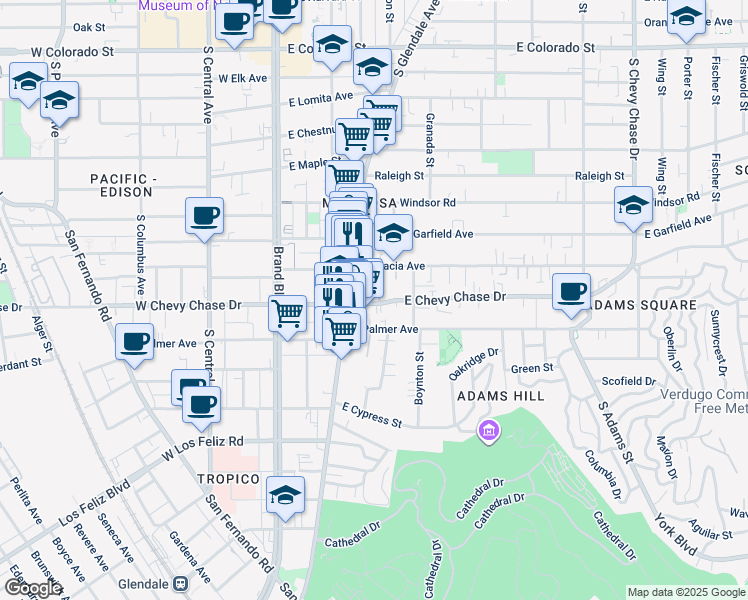 map of restaurants, bars, coffee shops, grocery stores, and more near 1023 Mariposa Street in Glendale