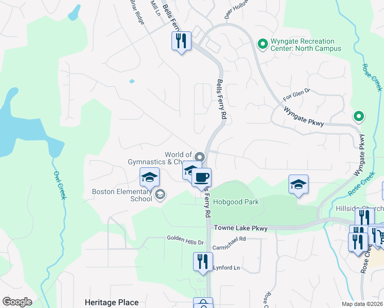 map of restaurants, bars, coffee shops, grocery stores, and more near 107 Dockside Downs Road in Woodstock
