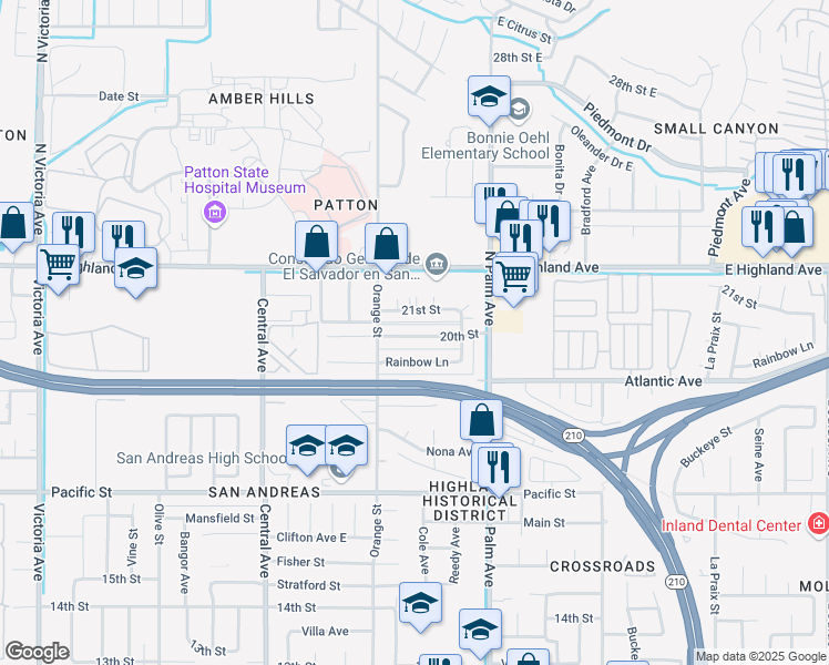 map of restaurants, bars, coffee shops, grocery stores, and more near 3475 21st Street in Highland