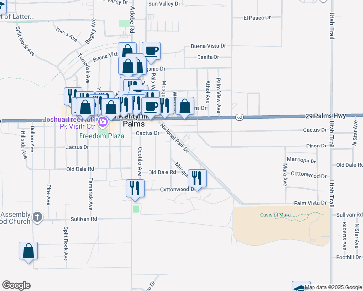 map of restaurants, bars, coffee shops, grocery stores, and more near 6605 Mesquite Avenue in Twentynine Palms