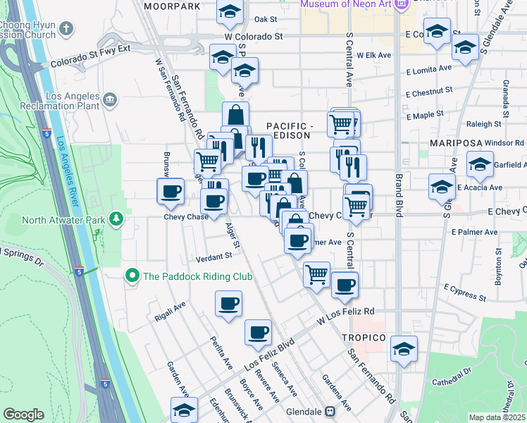 map of restaurants, bars, coffee shops, grocery stores, and more near 511 West Chevy Chase Drive in Glendale