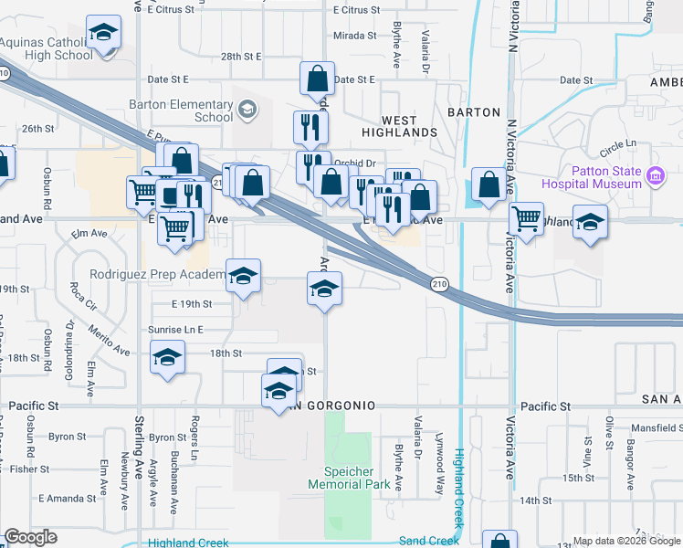 map of restaurants, bars, coffee shops, grocery stores, and more near 2011 Arden Avenue in Highland