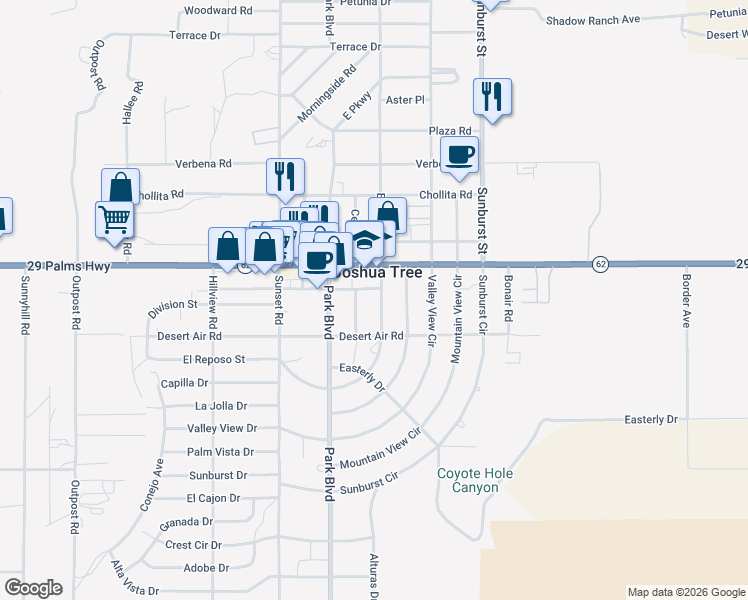 map of restaurants, bars, coffee shops, grocery stores, and more near in Joshua Tree