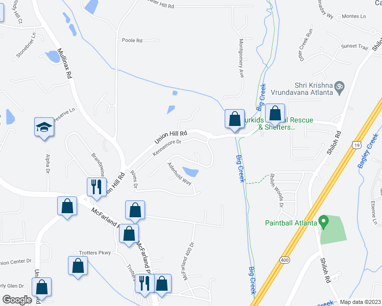 map of restaurants, bars, coffee shops, grocery stores, and more near 5745 Bryson Lane in Alpharetta