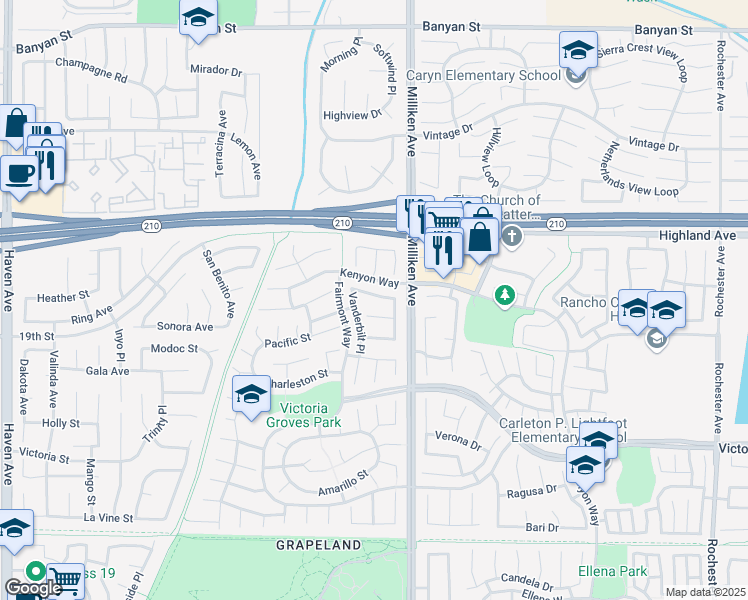 map of restaurants, bars, coffee shops, grocery stores, and more near 11249 Brown Drive in Rancho Cucamonga