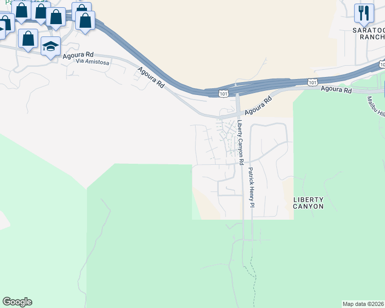 map of restaurants, bars, coffee shops, grocery stores, and more near 4033 Defender Drive in Agoura Hills